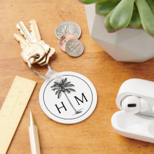 Zwart-witte palmboom Monogram Sleutelhanger