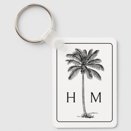 Zwart-witte palmboom Monogram Sleutelhanger (Voorkant)