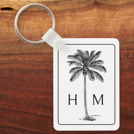 Zwart-witte palmboom Monogram Sleutelhanger (Voorkant)