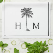 Zwart-witte palmboom Monogram Theedoek (Gevouwen)