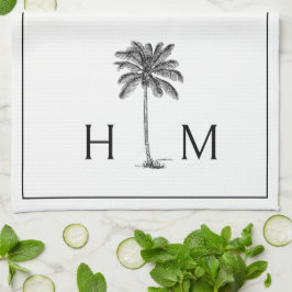 Zwart-witte palmboom Monogram Theedoek