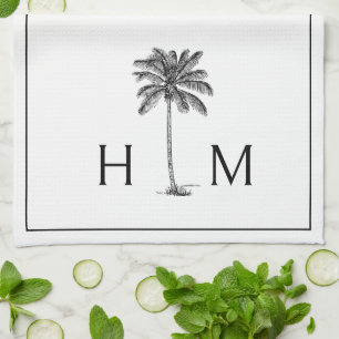 Zwart-witte palmboom Monogram Theedoek