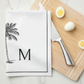 Zwart-witte palmboom Monogram Theedoek (Quarter Fold)