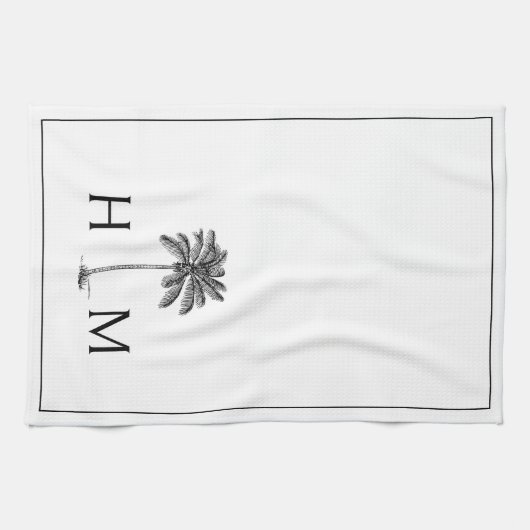 Zwart-witte palmboom Monogram Theedoek (Horizontaal)