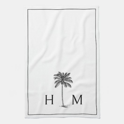 Zwart-witte palmboom Monogram Theedoek (Verticaal)