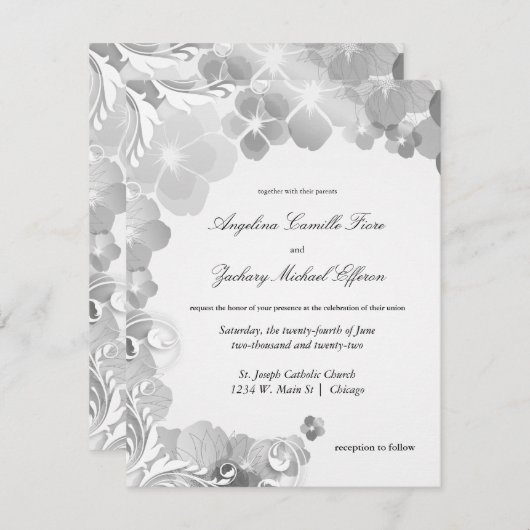 Zwart-witte pansies en cirkelvormige bruiloft kaart (Voorkant / Achterkant)