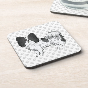 Zwart-witte Papillon Cartoonhond Met Pootjes Bier Onderzetter