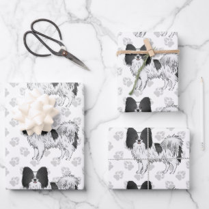 Zwart-witte Papillon Cartoonhonden Met Pootjes Inpakpapier Vel