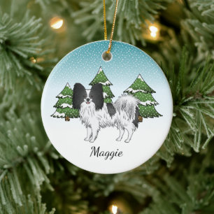 Zwart-witte Papillon, Cute Hond in Winterbos Keramisch Ornament