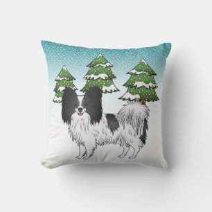 Zwart-Witte Papillon, Cute Hond in Winterbos Kussen