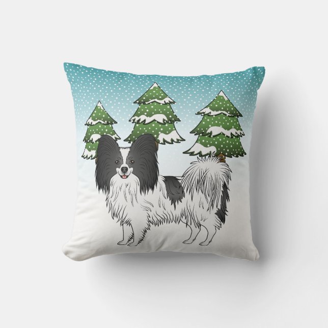 Zwart-Witte Papillon, Cute Hond in Winterbos Kussen (Voorkant)
