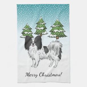 Zwart-Witte Papillon, Cute Hond in Winterbos Theedoek