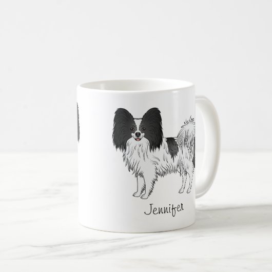 Zwart-Witte Papillon Cute Hond Met Aangepaste Naam Koffiemok (Voorkant rechts)