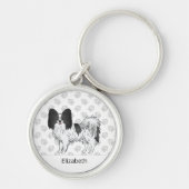 Zwart-Witte Papillon Cute Hond Met Aangepaste Naam Sleutelhanger (Voorkant)