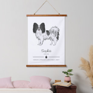 Zwart-Witte Papillon Cute Hond Met Aangepaste Teks Hangend Wandkleed