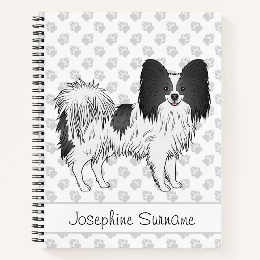 Zwart-Witte Papillon Cute Hond Met Aangepaste Teks Notitieboek (Voorkant)