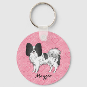 Zwart-witte Papillon, Cute Hond Op Roze Harten Sleutelhanger