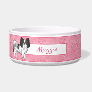 Zwart-witte Papillon, Cute Hond Op Roze Harten Voerbakje