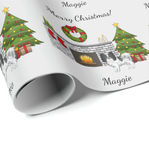 Zwart-witte Papillon-hond in een kerstkamer Cadeaupapier