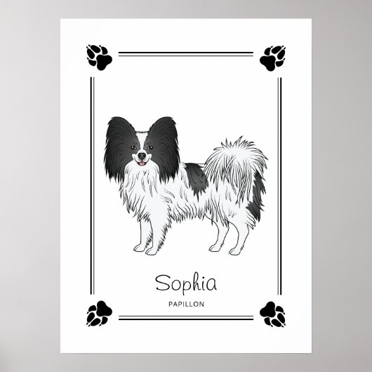 Zwart-witte Papillon-hond met poten en tekst Poster (Voorkant)