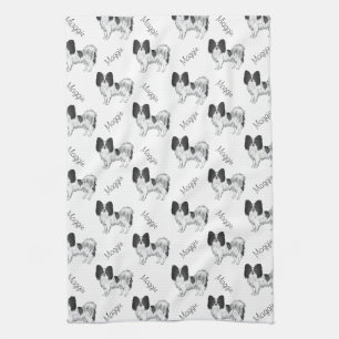 Zwart-Witte Papillon Hond Patroon Met Naam Theedoek