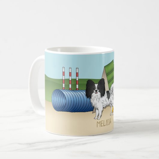 Zwart-Witte Papillon Met Agility-Apparatuur Koffiemok (Voorkant links)