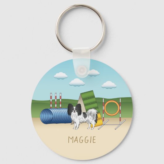 Zwart-Witte Papillon Met Agility-Apparatuur Sleutelhanger (Voorkant)