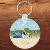 Zwart-Witte Papillon Met Agility-Apparatuur Sleutelhanger (Voorkant)