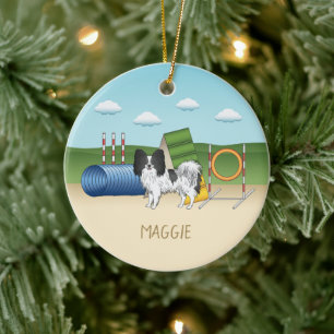 Zwart-Witte Papillon Met Agilityapparatuur Keramisch Ornament
