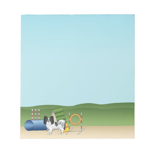 Zwart-Witte Papillon Met Agilityapparatuur Notitieblok (Voorkant)