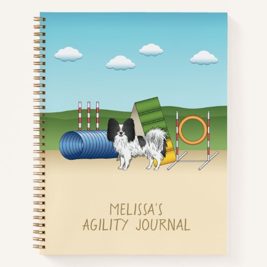 Zwart-Witte Papillon Met Agilityapparatuur Notitieboek (Voorkant)
