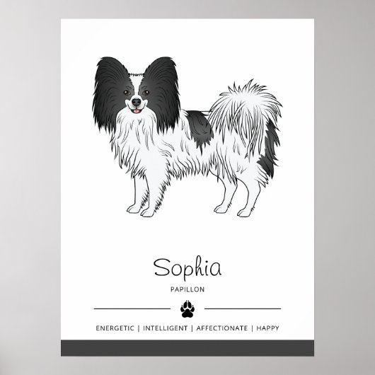Zwart-Witte Papillon Mooie Hond Met Aangepaste Tek Poster (Voorkant)