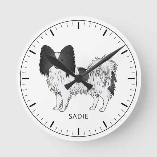 Zwart-witte Papillon Mooie Hond Met Aangepaste Tek Ronde Klok (Voorkant)