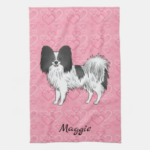 Zwart-Witte Papillon Mooie Hond Op Roze Harten Theedoek