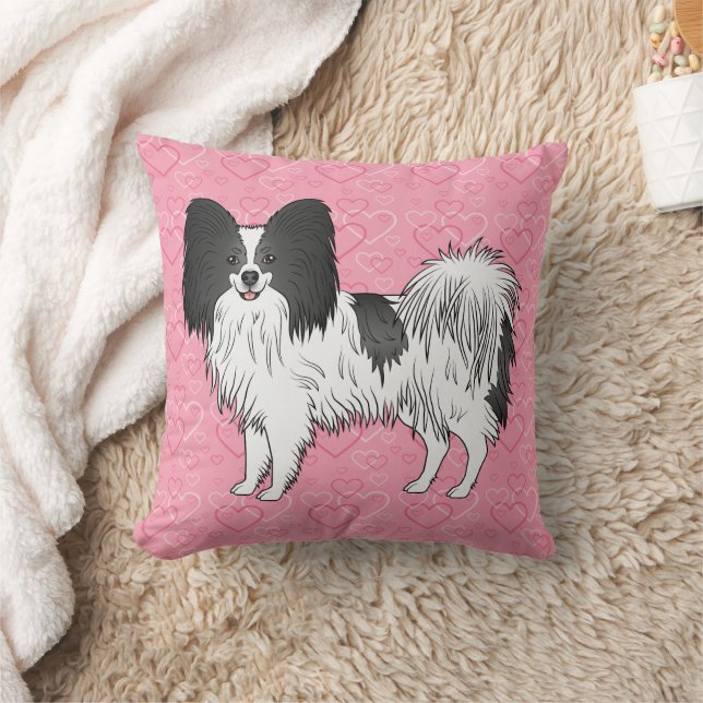 Zwart-Witte Papillon Mopshond Op Roze Harten Kussen (Deken)