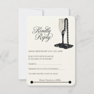 Zwart & Witte Parel Champagneglas Bruiloft RSVP Kaartje