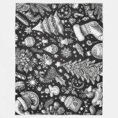 Zwart Witte Pastel Tekening Kerst Motief Vakantie Fleece Deken (Voorkant)