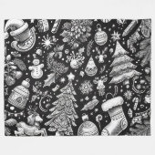 Zwart Witte Pastel Tekening Kerst Motief Vakantie Fleece Deken (Voorkant (Horizontaal))