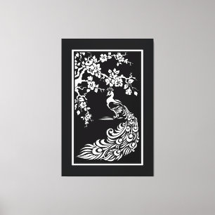 Zwart-witte pauw en kersenbloesem op maat canvas afdruk