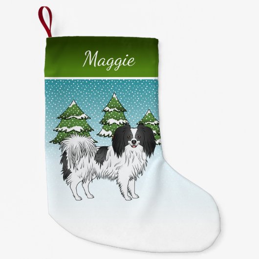 Zwart-Witte Phalène Happy Dog Winter Forest Kleine Kerstsok (Voorkant)