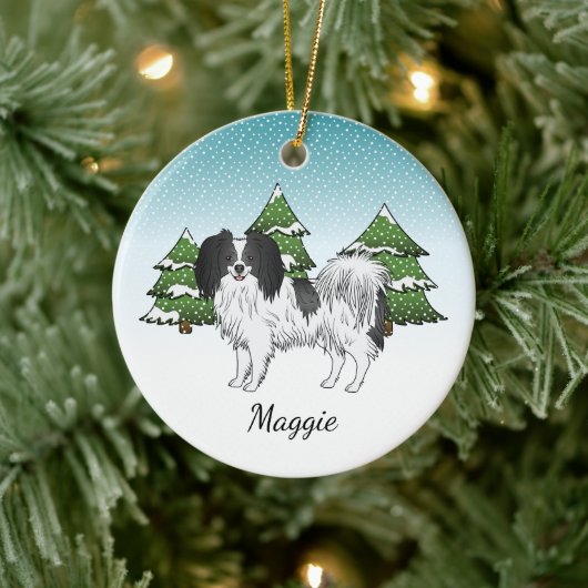 Zwart-Witte Phalène Mopshond Winterbos Keramisch Ornament (Boom)