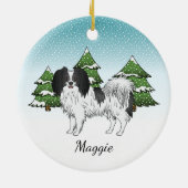 Zwart-Witte Phalène Mopshond Winterbos Keramisch Ornament (Achterkant)