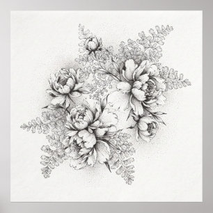 Zwart Witte Pioen Varens Botanische Lijn Kunst Pos Poster