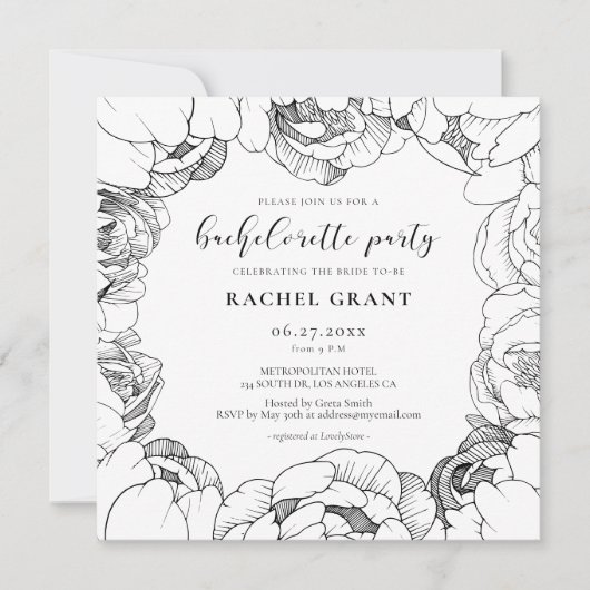 Zwart-witte pioenen Bachelorette Party Kaart (Voorkant)