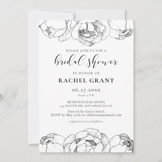 Zwart-witte pioenen Bridal douche uitnodiging (Voorkant)