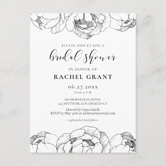 Zwart-witte pioenen Bridal douche uitnodiging (Voorkant)