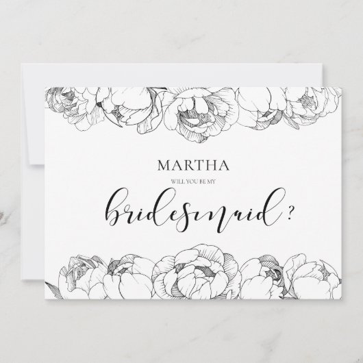 Zwart-witte pioenen bruidsmeisje voorstel kaart (Voorkant)