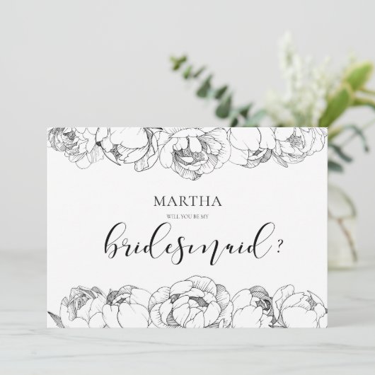 Zwart-witte pioenen bruidsmeisje voorstel kaart (Staand voorkant)