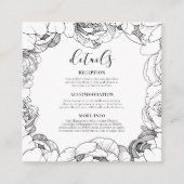 Zwart-witte pioenen bruiloft gastinformatie informatiekaartje (Voorkant)