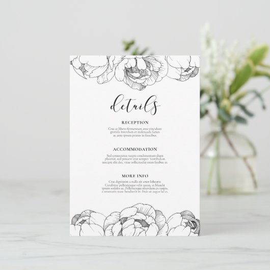 Zwart-witte pioenen bruiloft gastinformatie informatiekaartje (Staand voorkant)